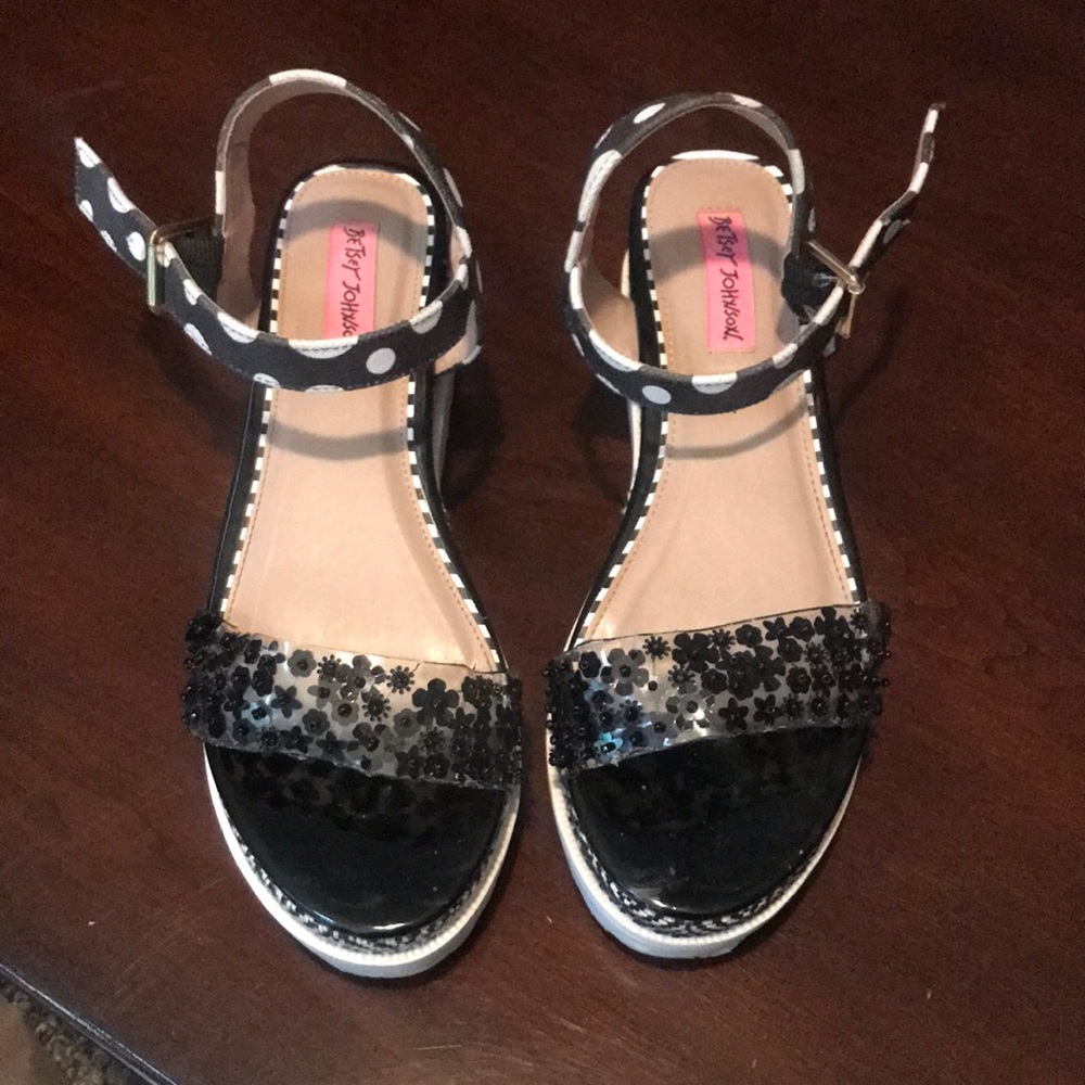 Betsey Johnson Black Polka Dot Wedge Sandals with Floral Accents